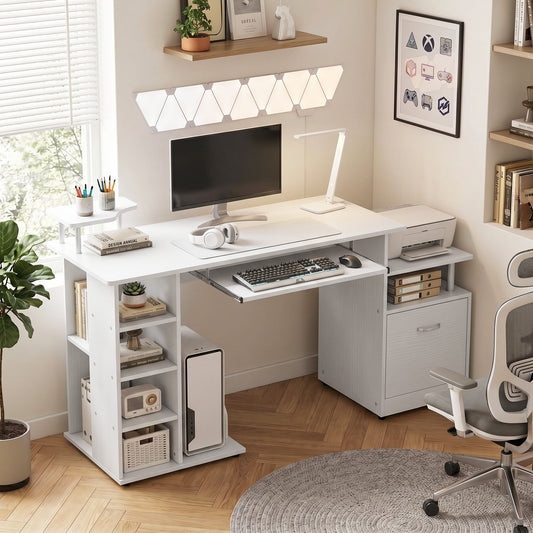 HOMCOM Computer Desk with Drawer Shelves CPU Storage Rack White