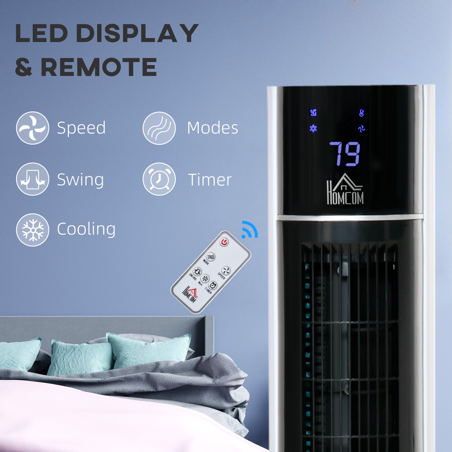 HOMCOM Portable Air Cooler, 3L Tank Evaporative Ice Cooling Tower Fan with 3 Modes, 3 Speeds, Remote, Timer, 60° Oscillating, Portable Swamp Cooler for Home Bedroom, White