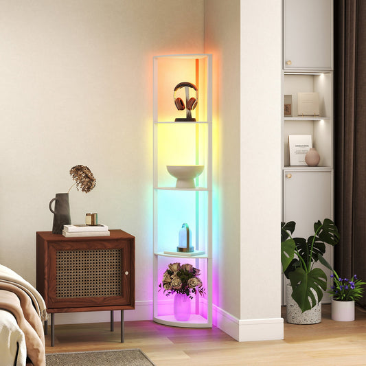 The floor lamp placed in a corner of a living room with colourful lighting