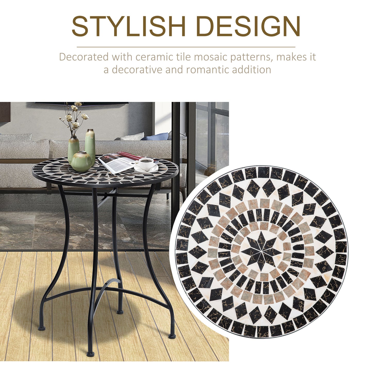 طاولة فناء خارجية من Outsunny Mosaic مقاس 60 سم - أسود