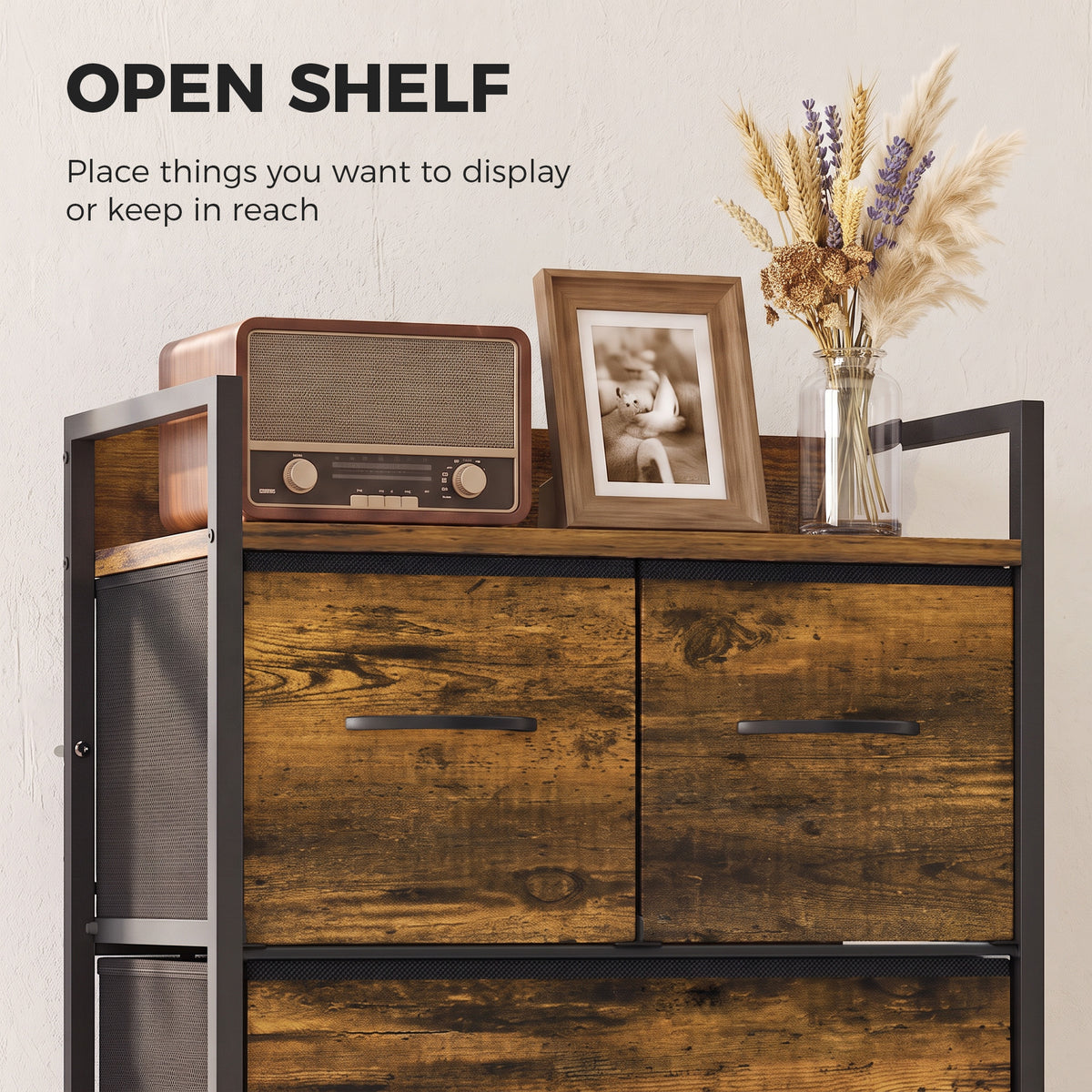 HOMCOM Rustic Chest of Four Fabric Drawers in Rustic Brown