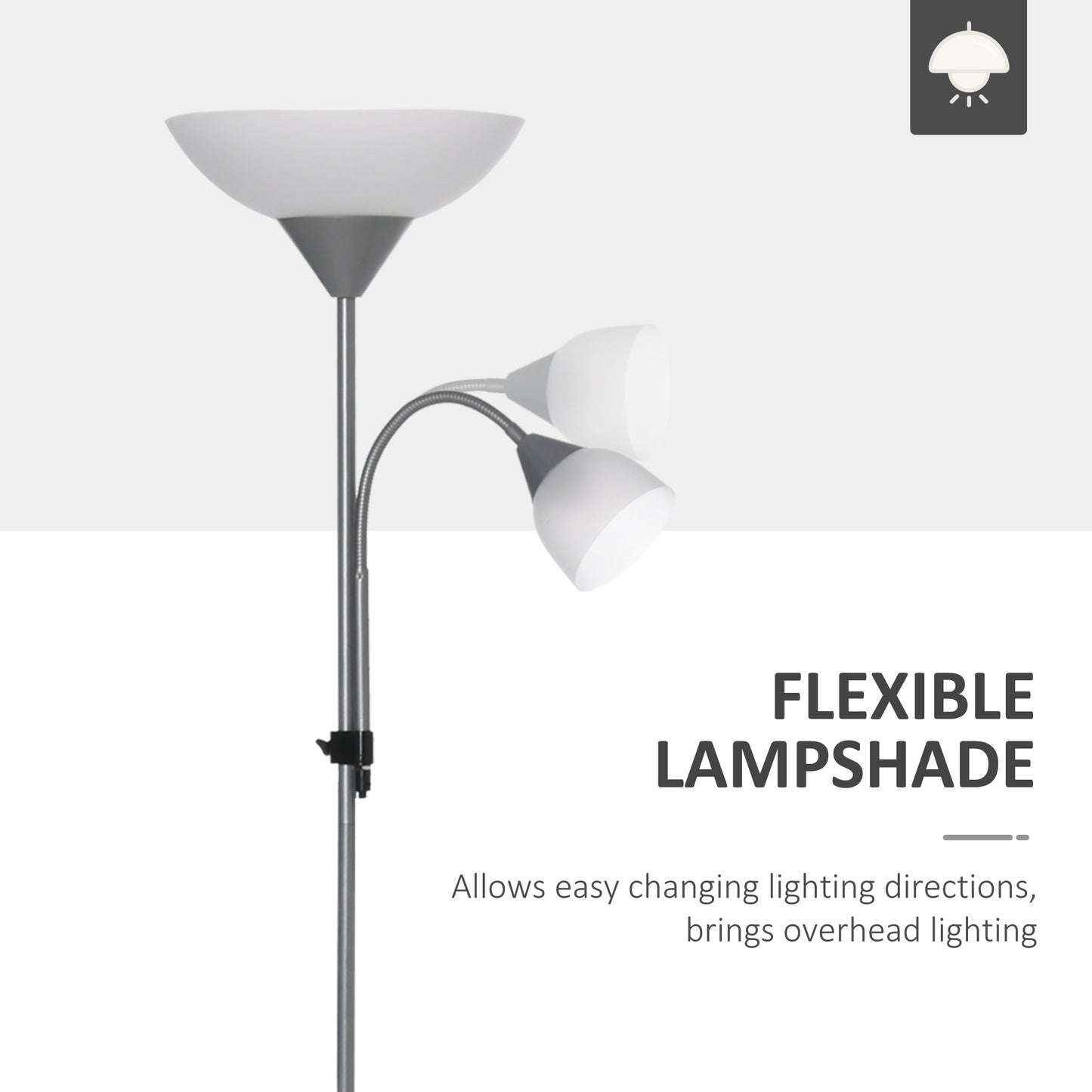 مصباح أرضي LED من HOMCOM لغرفة المعيشة، مصباح قائم بطول 180 سم، إضاءة علوية للأم والطفل مع عنق مرن قابل للتعديل، لون فضي