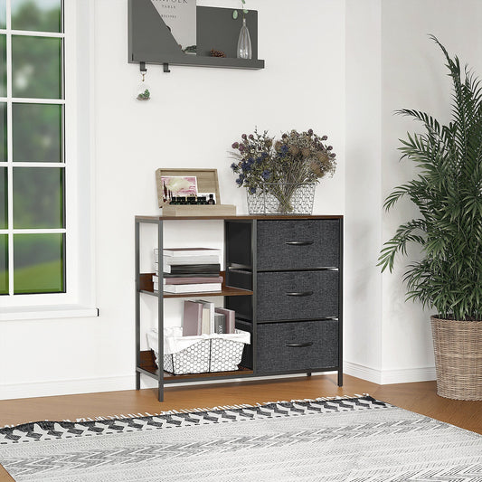 This storage cabinet is shown in a living room setting with a plant and rug