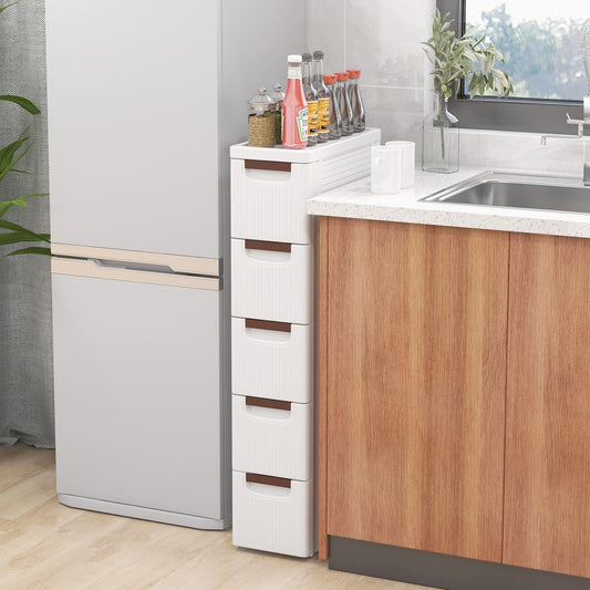 This narrow storage cabinet fits neatly between a fridge and kitchen counter