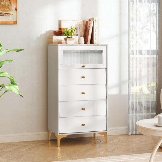 The white dresser cabinet with fluted glass door in a bedroom setting