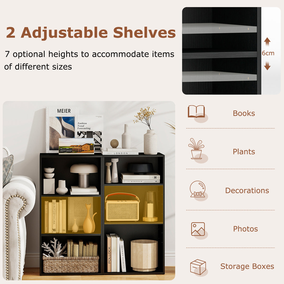 3-Cube Bookcase with 7-Position Adjustable Shelves and Anti-Toppling Kits-Blcak