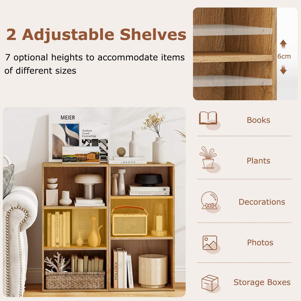 3-Cube Bookcase with 7-Position Adjustable Shelves and Anti-Toppling Kits-Natrual