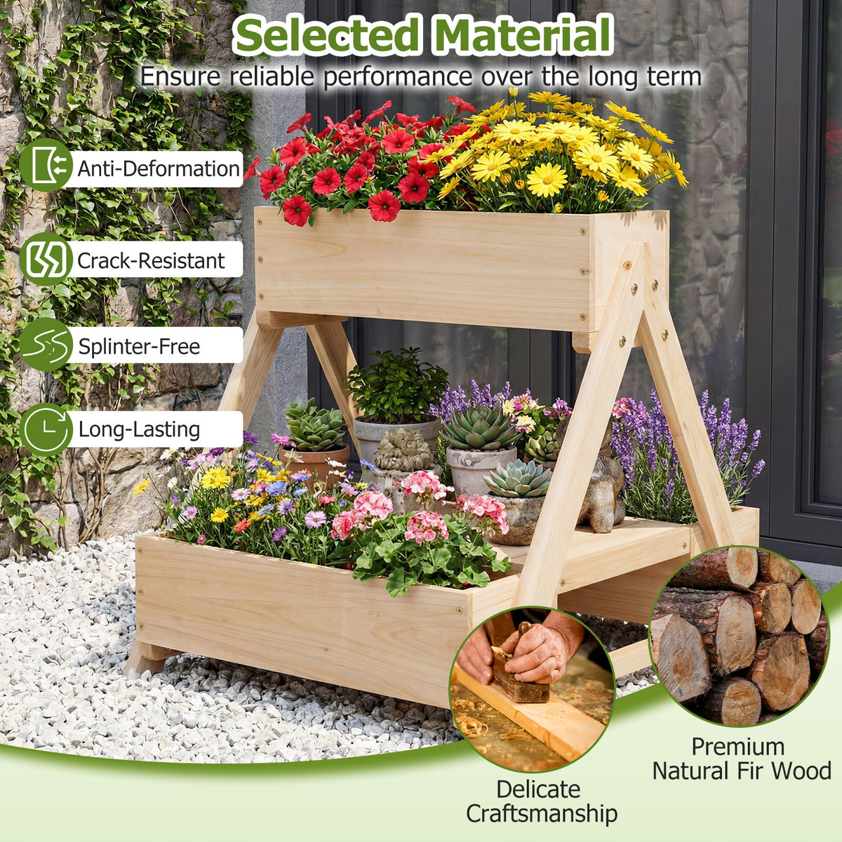 3 Fir Wooden Planter Boxes with Open Storage Shelf and 3 Drainage Holes-Natural