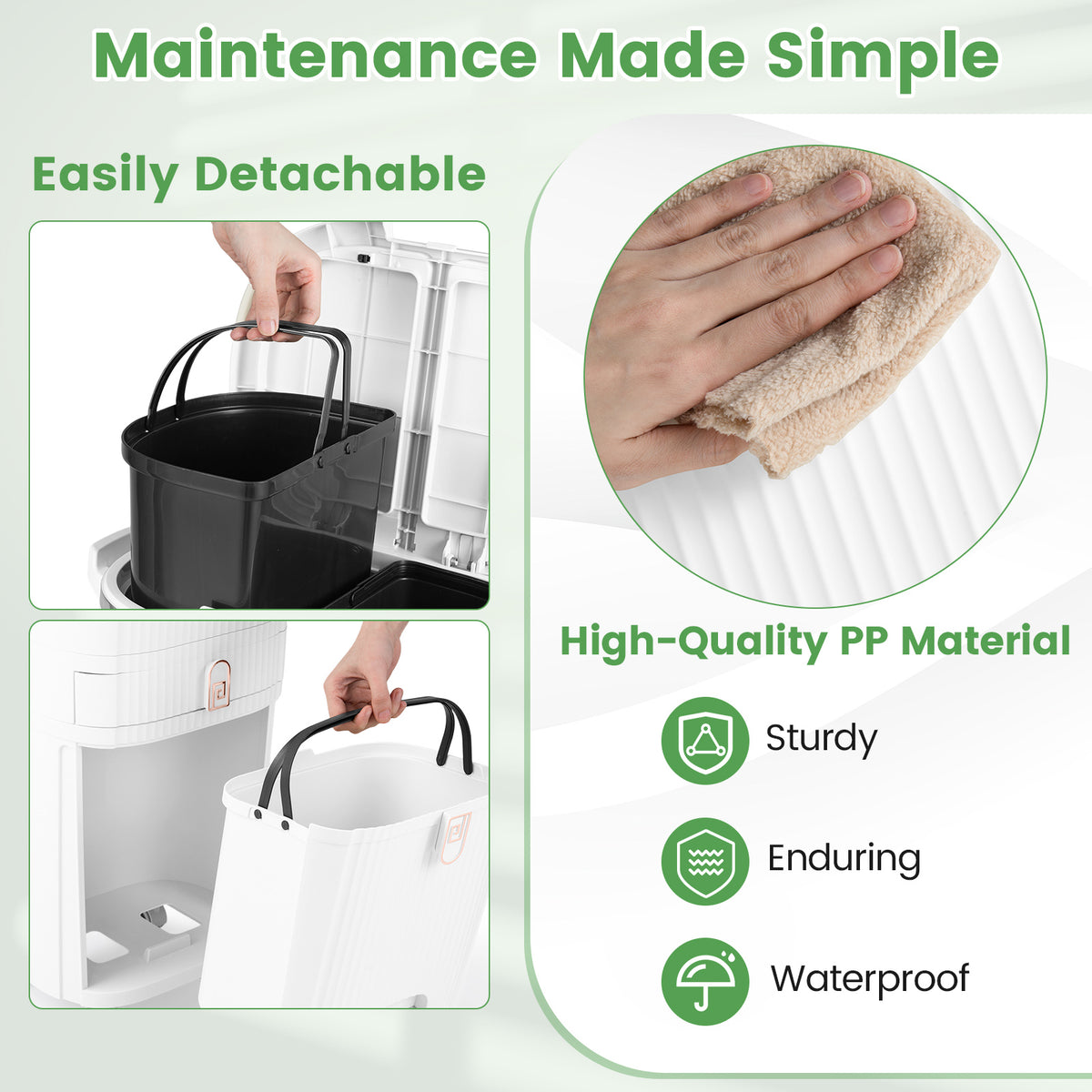 3-Layer Sorting Trash Bin with 2 Removable Buckets-White