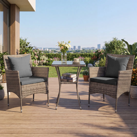 3 Pieces Patio Wicker Bistro Set 2 Rattan Chairs with Double-Tier Tempered Glass Table-Grey