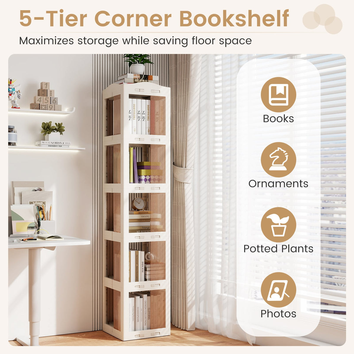 3-Tier Foldable 360° Rotating Bookshelf with Swivel Base-White