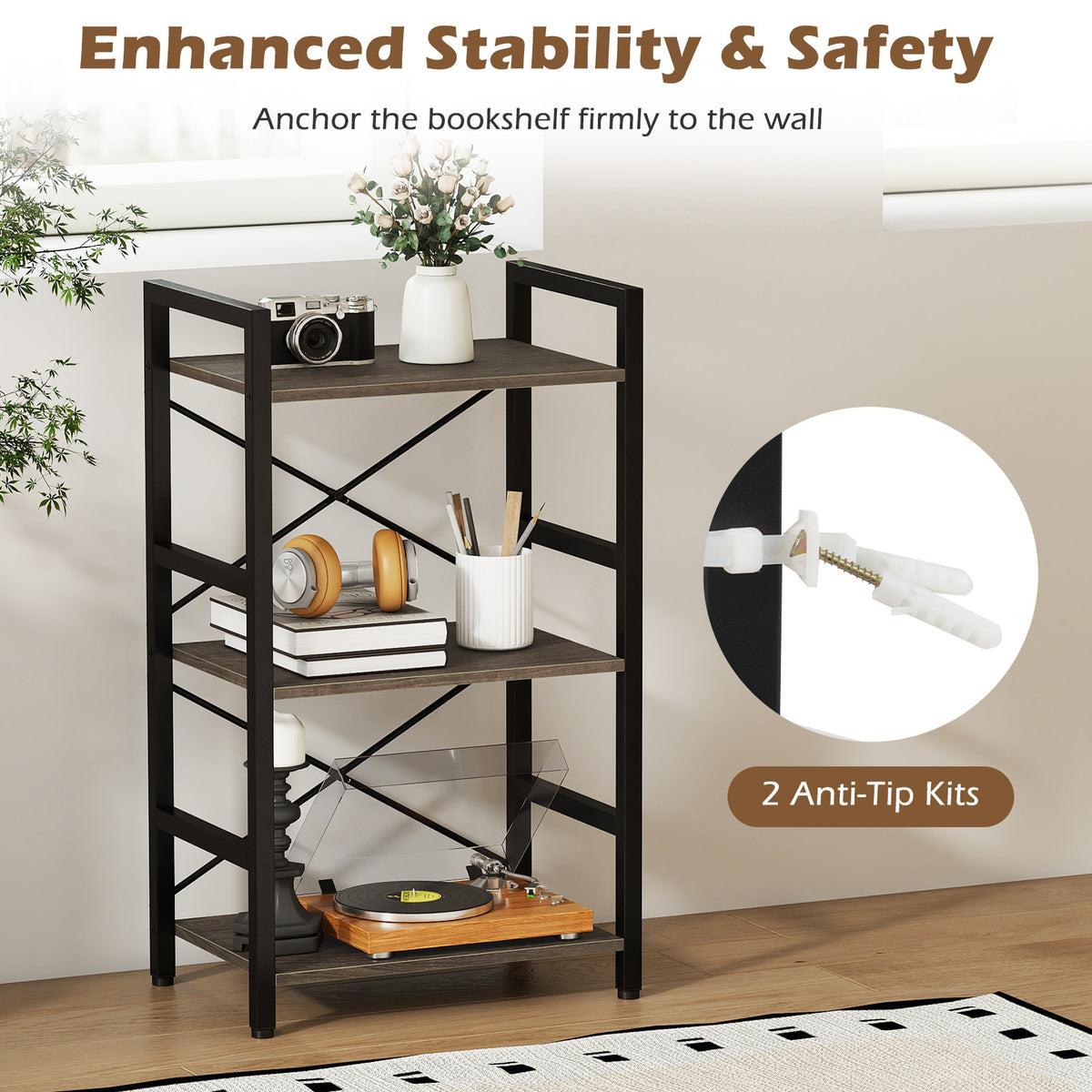 3-Tier Industrial Bookshelf with Metal Frame for Home Office-Oak