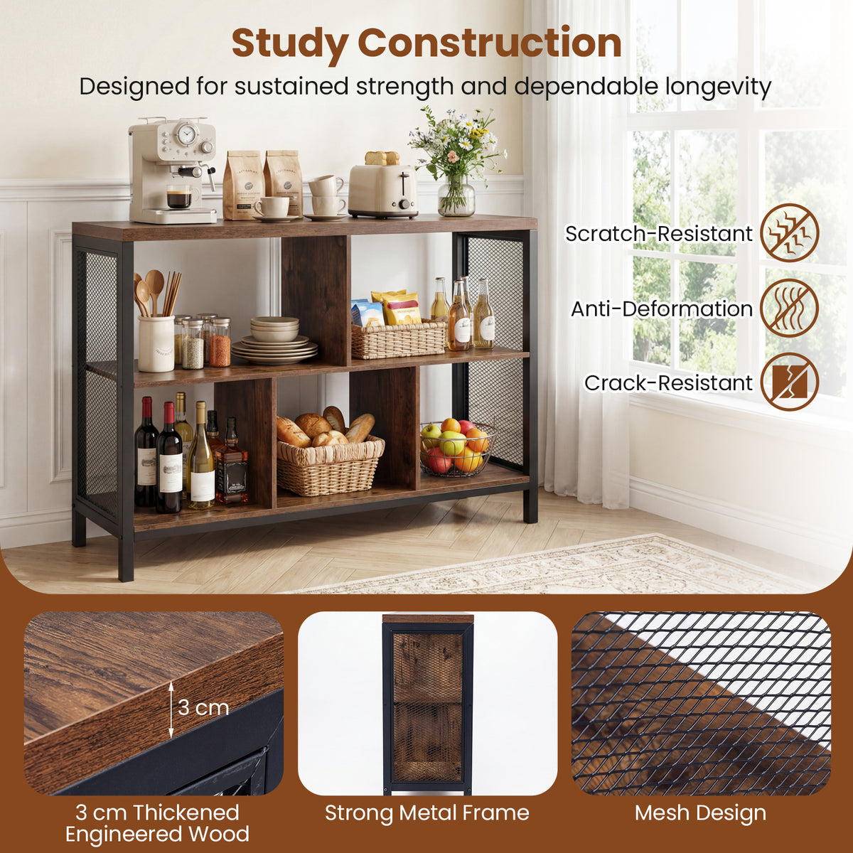 3-Tier Industrial Storage Organizer with 5 Cubes and Metal Frame-Rustic Brown