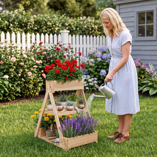 3-Tier Raised Garden Bed with 3 Planter Boxes and 2 Storage Shelves-Natural