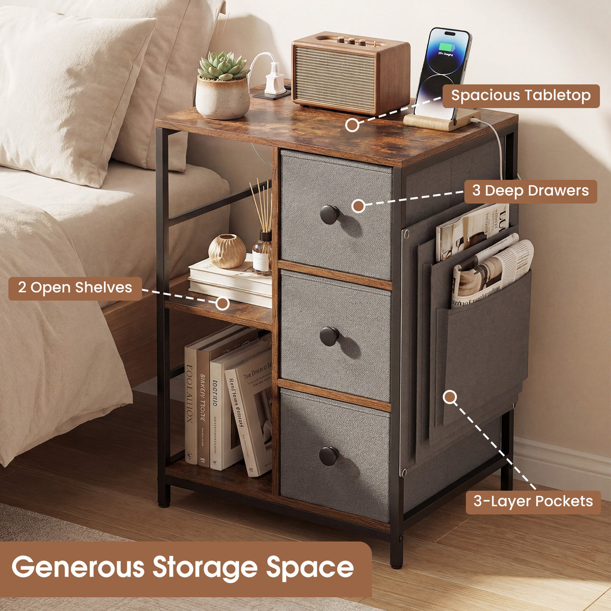 3-Tier Storage Cabinet with Charging Hub and Storage Shelf-Rustic Brown