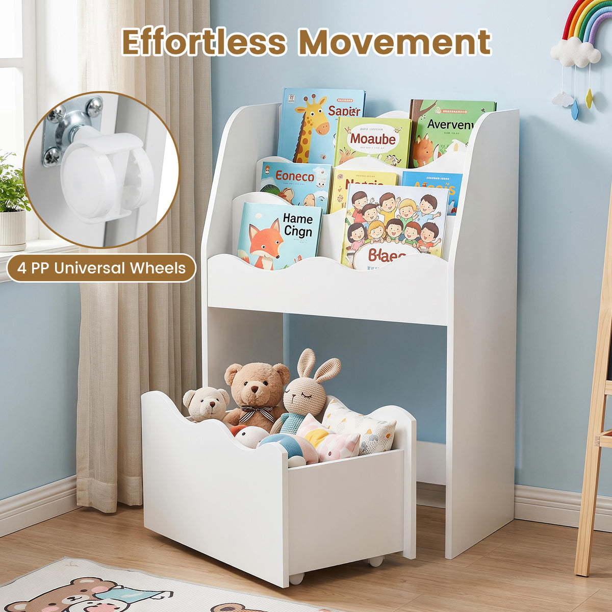 3-Tier Wooden Kids Book Shelf with Large Rolling Storage Drawer and Anti-Toppling Devices-White