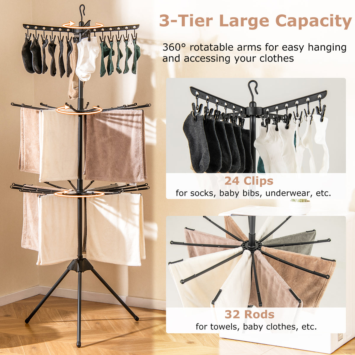 3-Tier Folding Clothes Drying Rack Tripod Laundry Drying Rack-Black