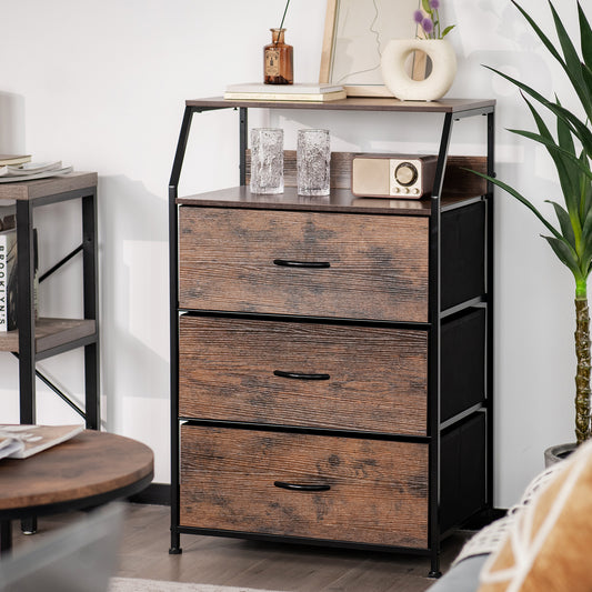 Rustic brown three-drawer dresser with wooden top, placed next to a bed and coffee table