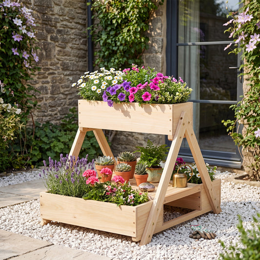 The wooden tiered planter with a storage shelf standing on a gravel patio
