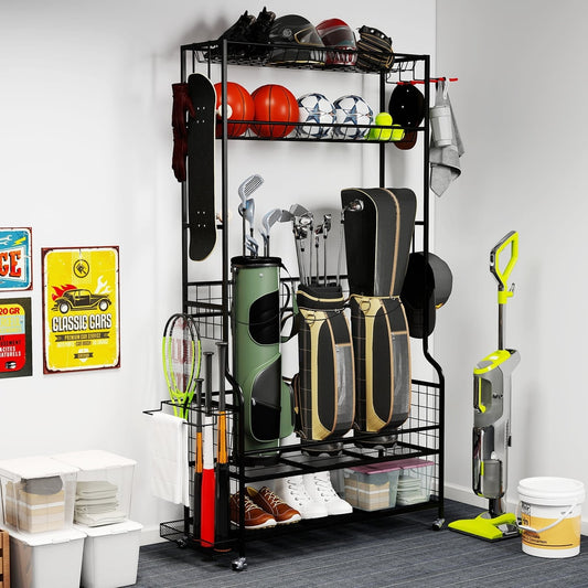 The sports equipment storage unit is shown in a garage setting filled with various items