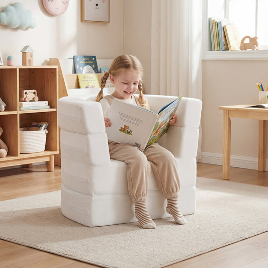 3-in-1 Convertible Kids Sofa Bed with Washable Zippered Covers in White