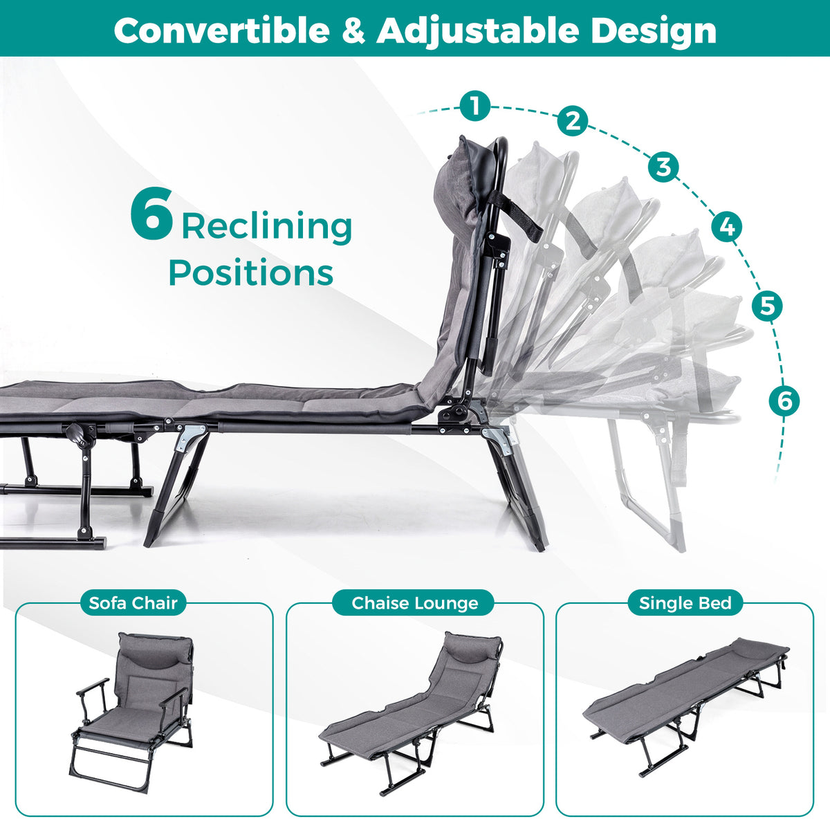 3-in-1 Folding Camping Cot with Adjustable Backrest Convertible Single Sofa-Grey