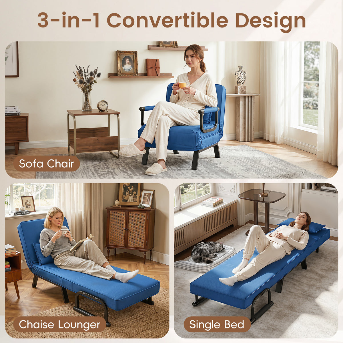3-in-1 Folding Sofa Bed with Adjustable Backrest with Adjustable Backrest-Blue