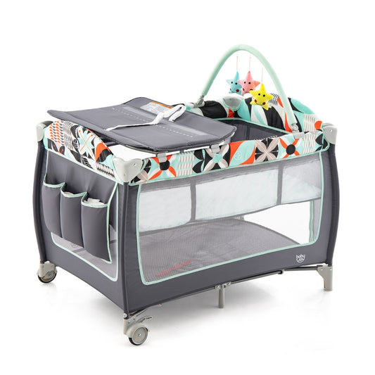 Blue baby playpen and playard with a toy bar and grey storage pockets
