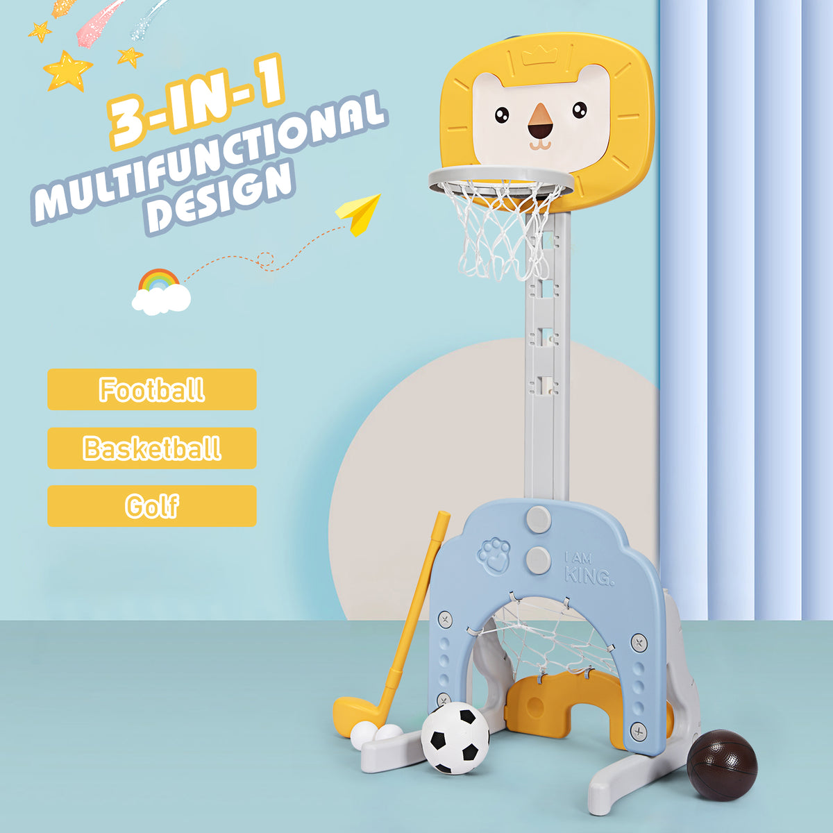 The 3-in-1 multifunctional toy sports set includes football, basketball and golf