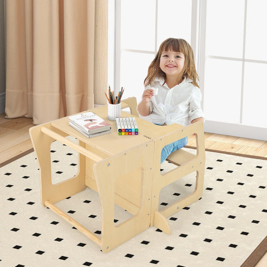 The toddler tower is shown as a table and chair set with a child sitting at it