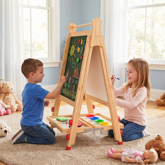 the art easel being used by two children drawing on the magnetic chalkboard and whiteboard