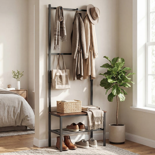 The coat rack and shoe bench in a bedroom setting with clothes and accessories