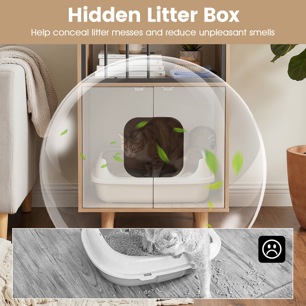 Hidden litter box feature of the cat furniture, reducing smells