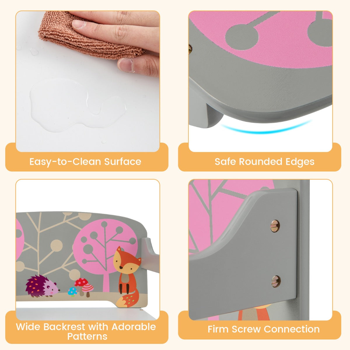 Close up views of the kids activity bench showing easy-clean surface, rounded edges, backrest and screw connection