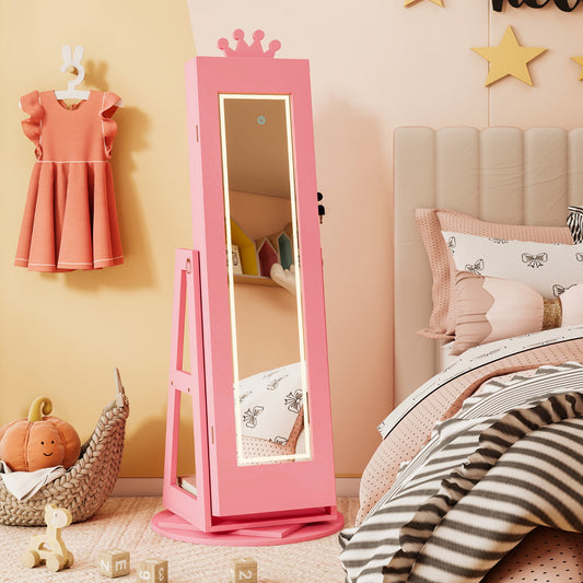 The pink kids vanity standing upright with a full length mirror and crown detail