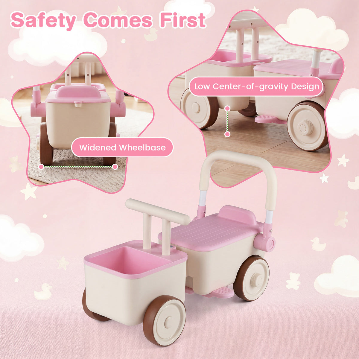 The pink ride on push car shows its safety features like a widened wheelbase