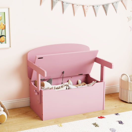 The pink kids table and chair set with its lid open showing toys inside