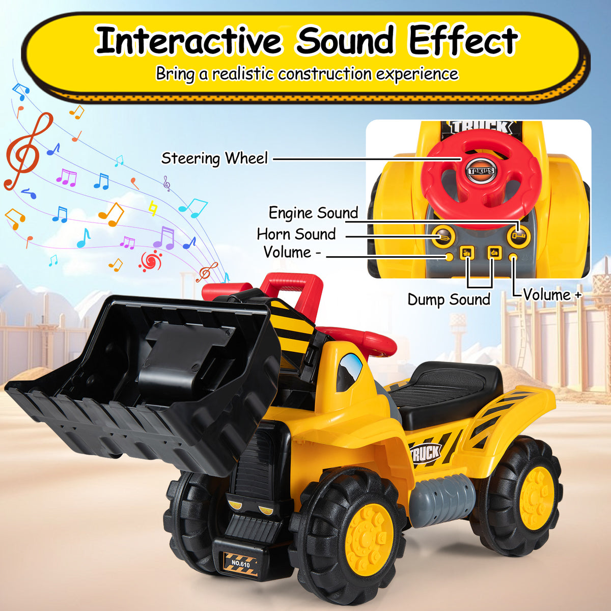 Close up of the steering wheel and sound controls on the ride on excavator bulldozer