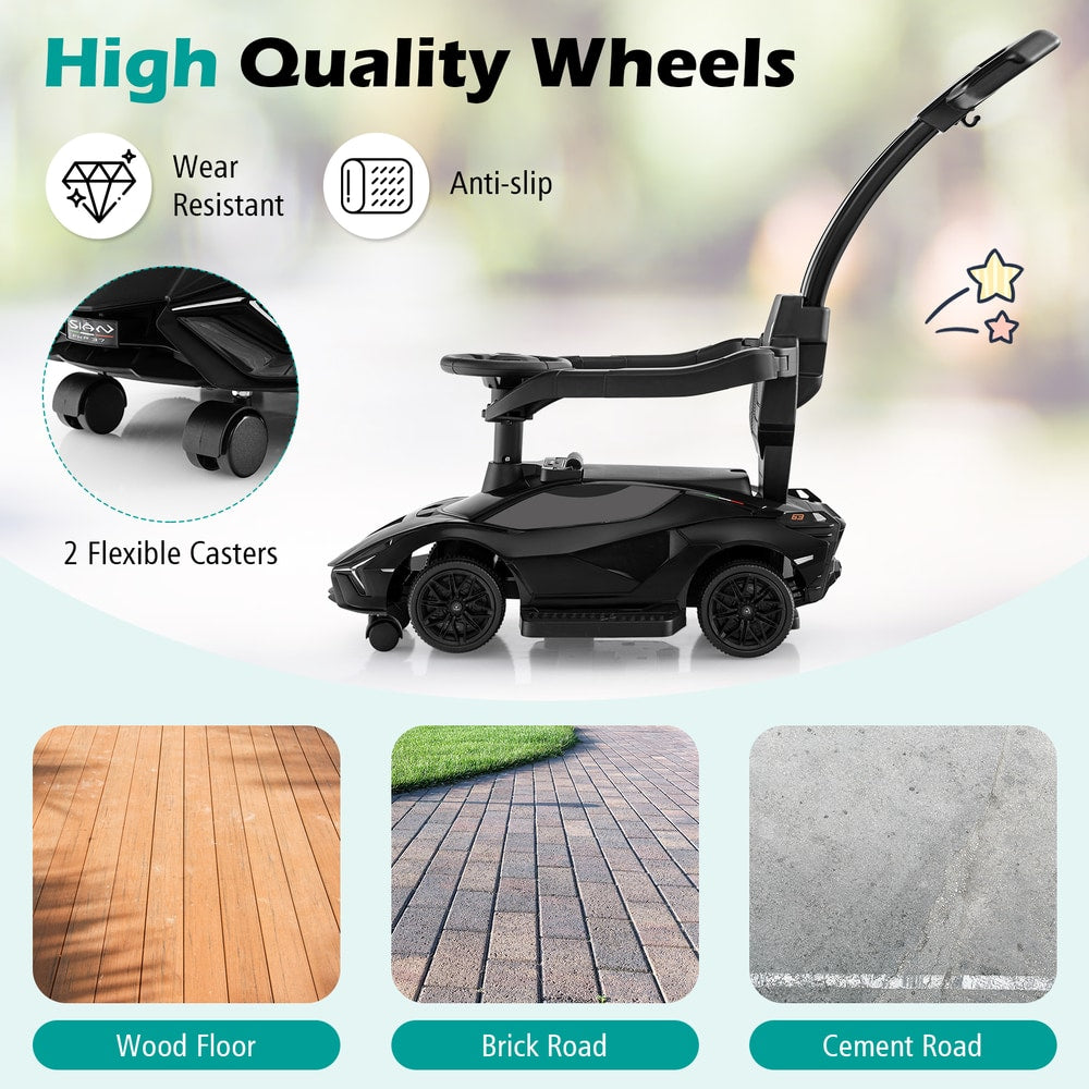 The black ride on push car shown on wood, brick, and cement surfaces