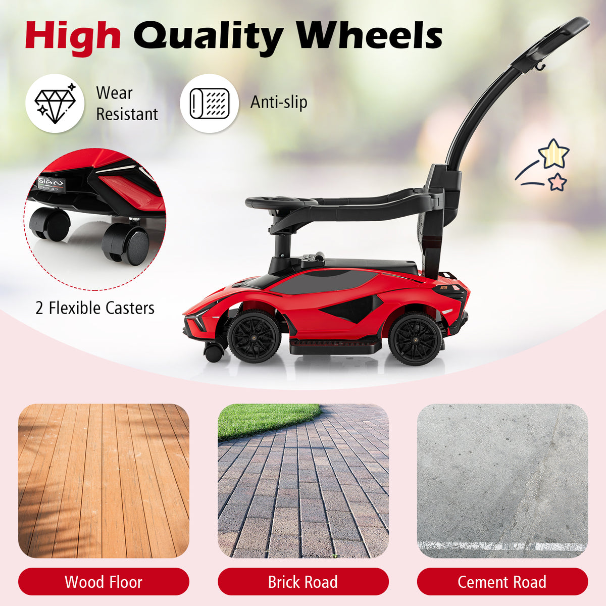 The red ride on push car shown on wood, brick, and cement surfaces