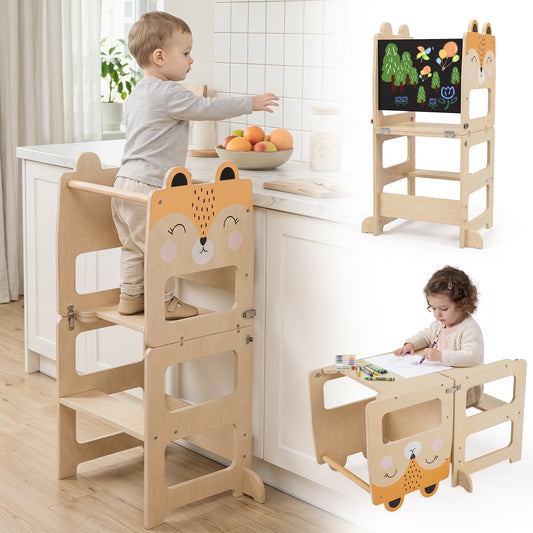 Toddler kitchen step stool with blackboard and a child using it at a counter and a desk