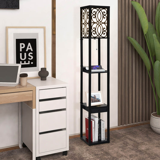 The free-standing light with storage shelves and a top lamp, shown in a home office setting