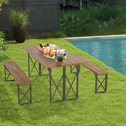 The outdoor dining set placed on grass next to a swimming pool
