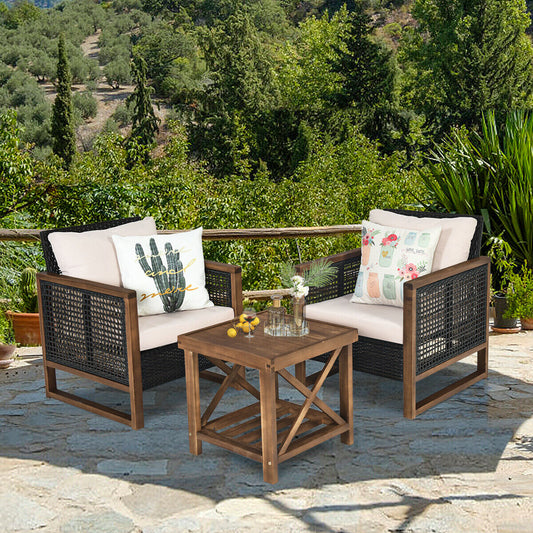 The outdoor rattan furniture bistro set placed on a patio with a scenic background