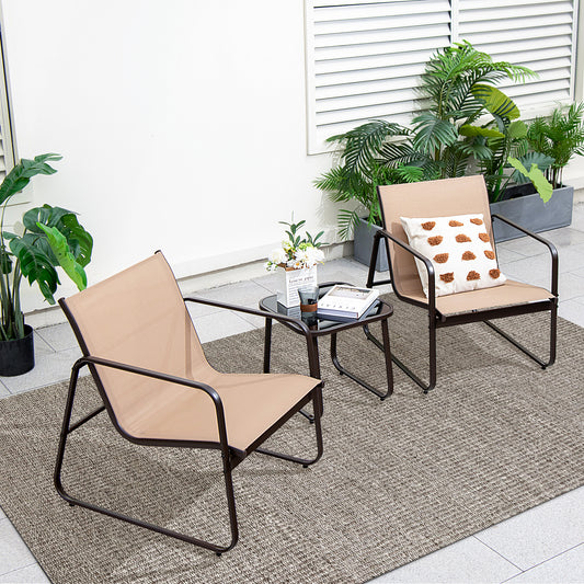 The patio furniture set with two chairs and a small table on a rug