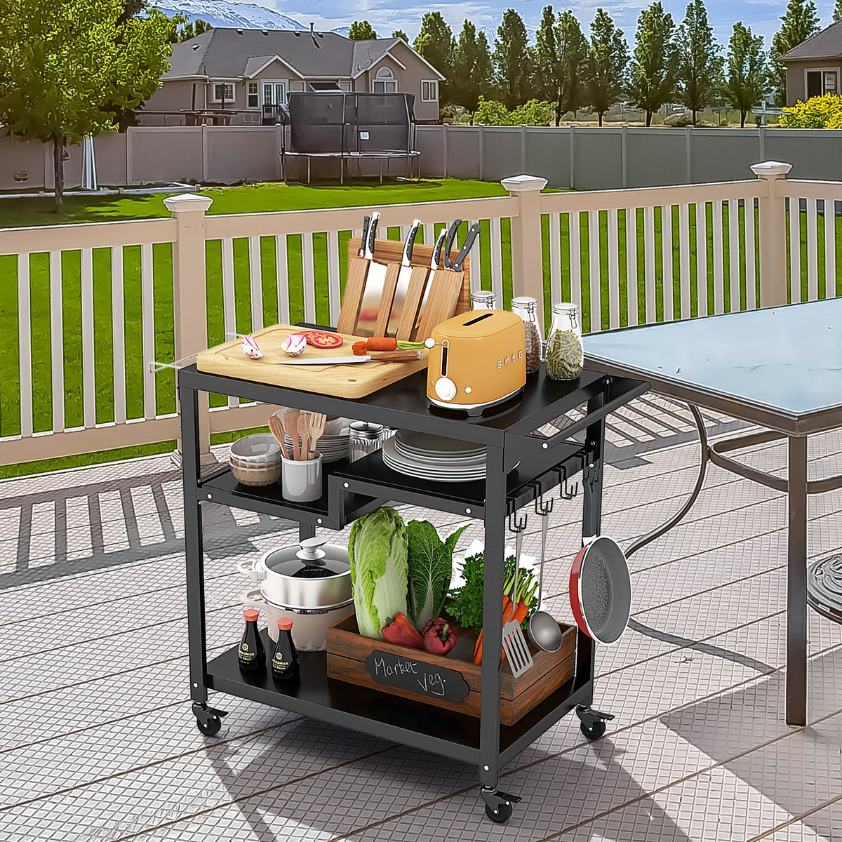 3-Shelf Movable BBQ Cart with 4 Lockable Wheels in Black