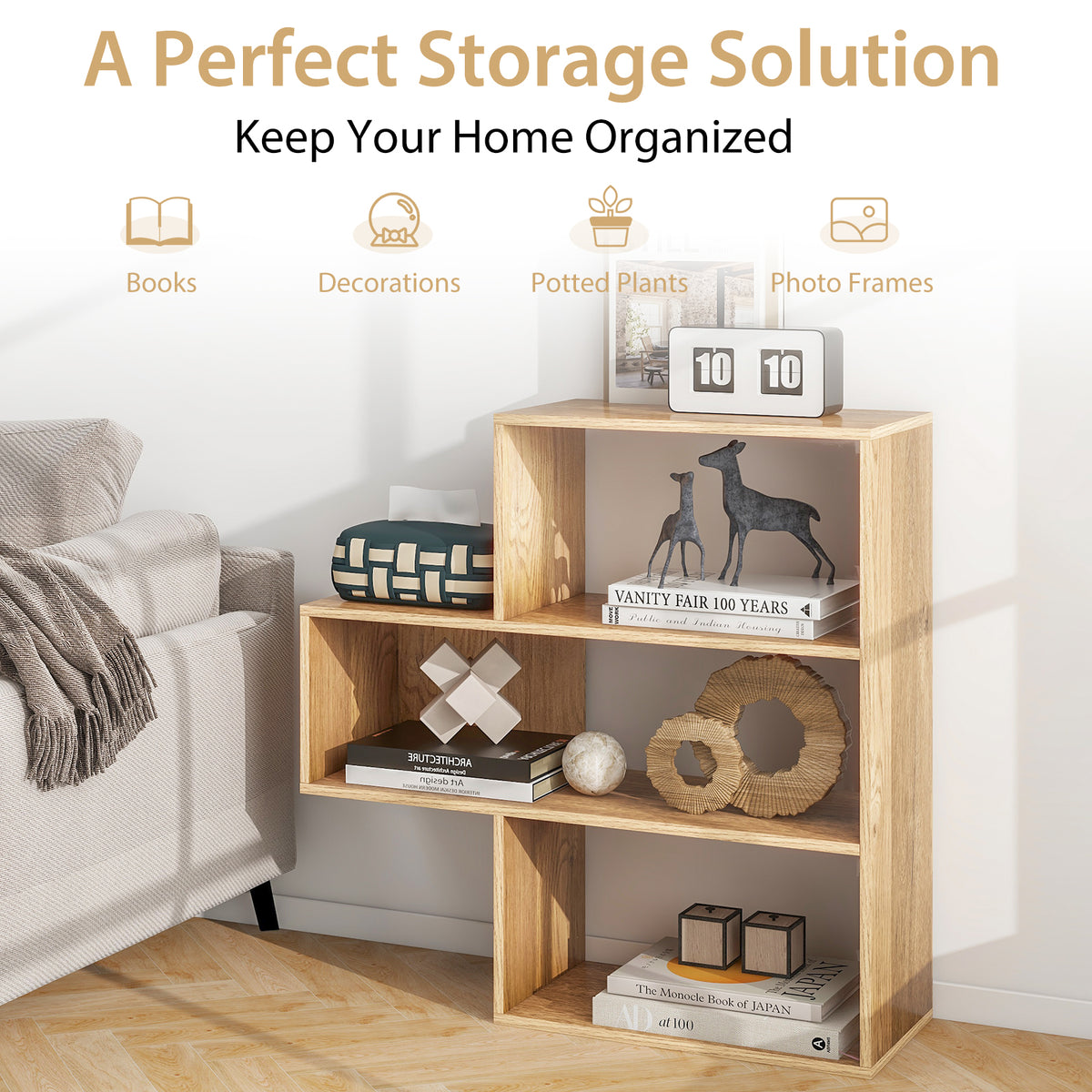 3-tier Bookshelf Irregular Open Back Bookcase with 3 Cubes Free-standing Bookshelf-Natural