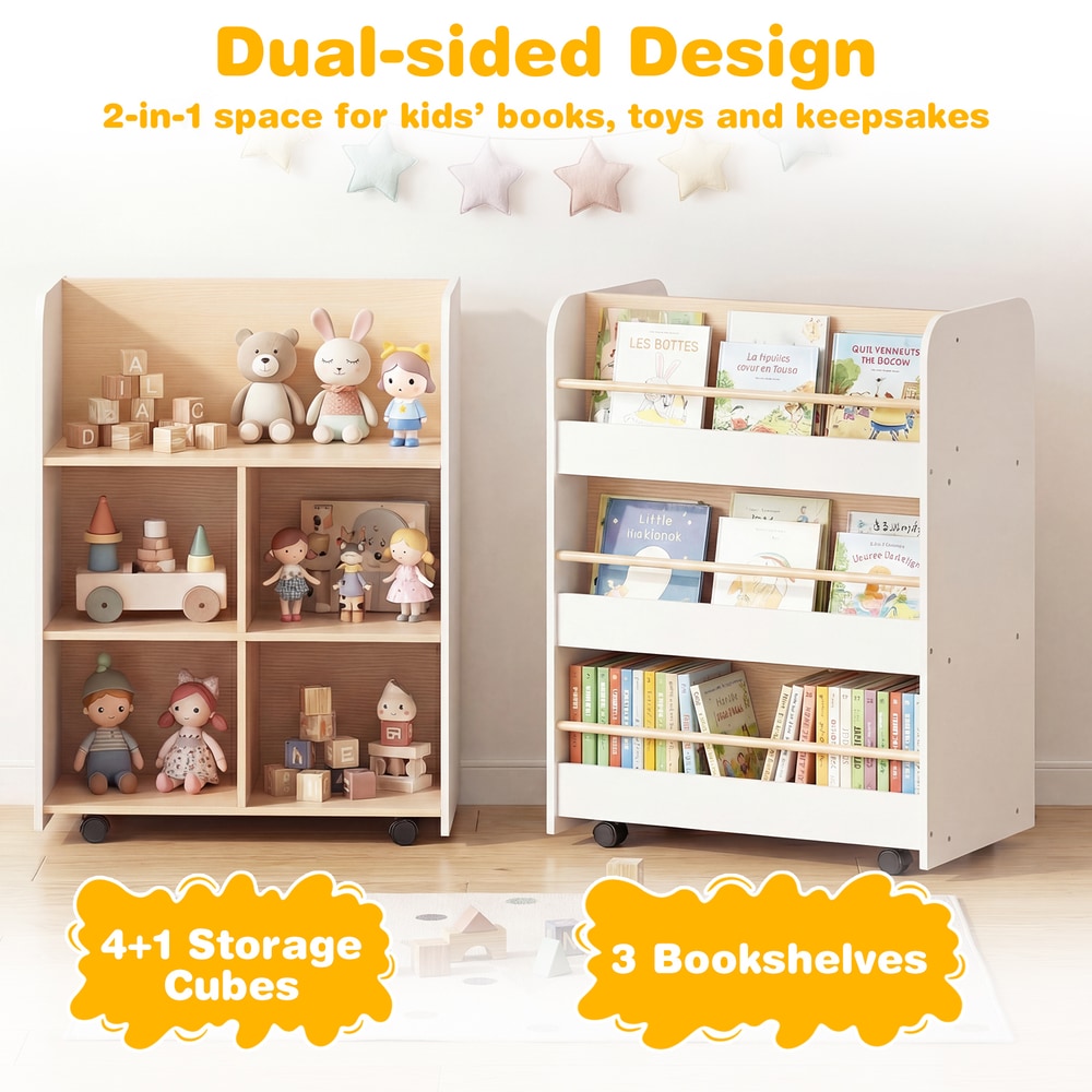 Two-sided kids storage unit with cube shelves on one side and book display shelves on the other
