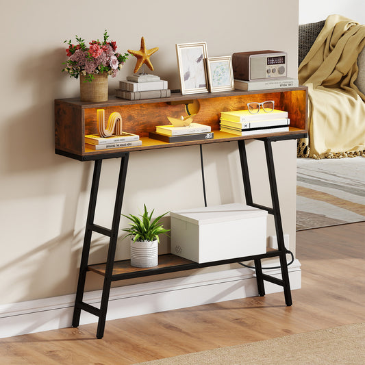 The console table placed in a living room setting with decor items on the shelves