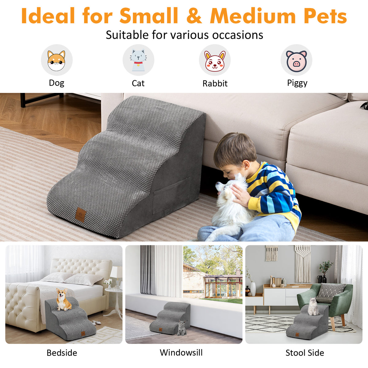 Collage showing a grey foam dog ramp used for dogs, cats, rabbits and pigs in different settings